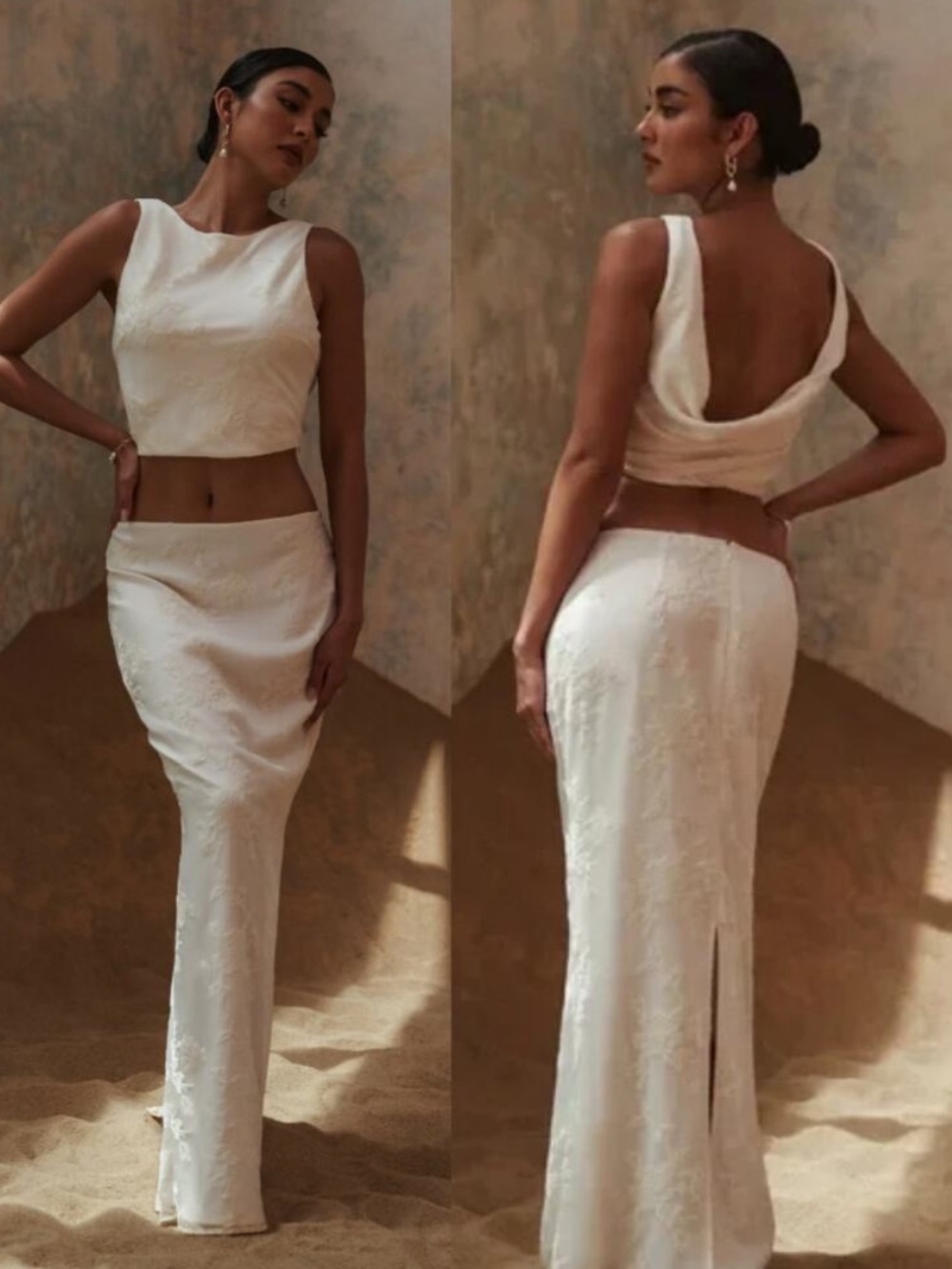 NWT Meshki SET Mona Maxi Skirt & Cowl Back Top in Burnout Velvet White